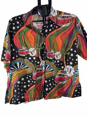 Ethnic womens M Regular Multicolor Graphic Print Short Sleeve Collared Button-Up